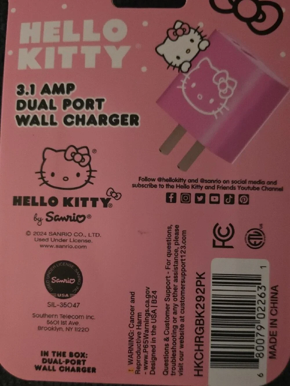 Hello Kitty Light Pink Dual-Port Wall Charger with Bow Graphic